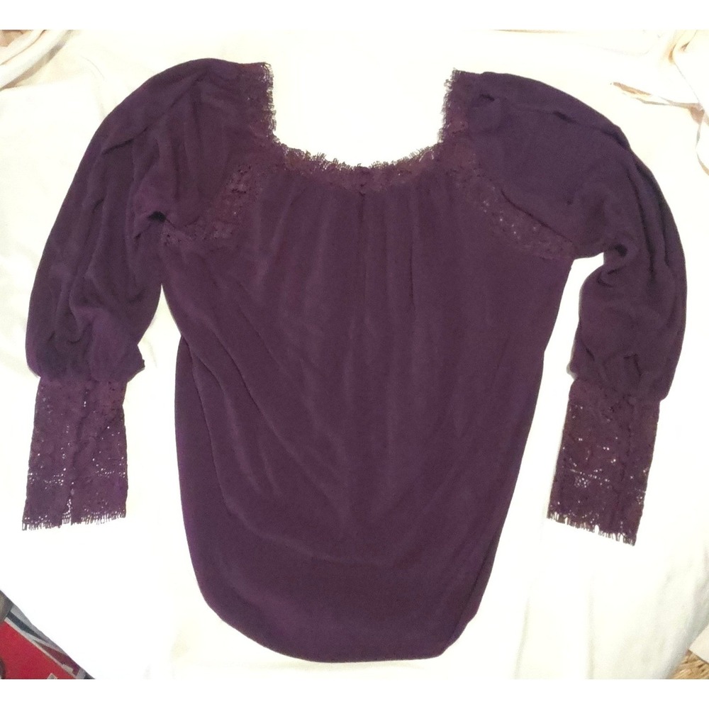 Free People Purple Lace Trim Peasant Blouse Long Sleeve Boho Top Medium EUC - Picture 3 of 10